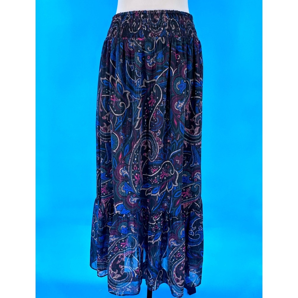WHBM Arcane Paisley Printed Tiered Maxi Skirt Black Small NWT